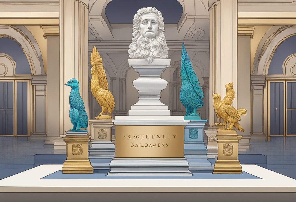 A grand, intricately designed sculpture sits atop a polished pedestal, surrounded by elegant corporate gifts. A sign reads "Frequently Asked Questions" in bold lettering