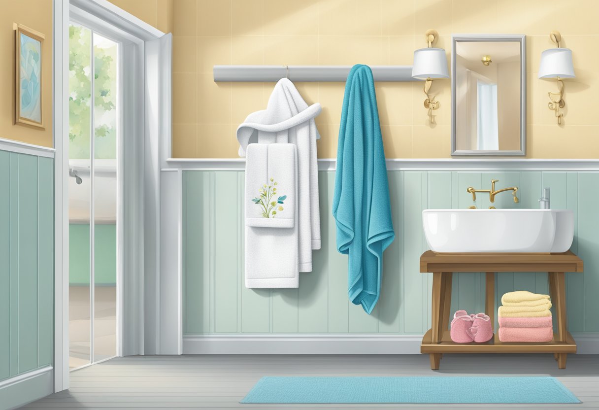 A towel with personalized embroidery hangs on a bathroom hook, next to a matching bathrobe and slippers