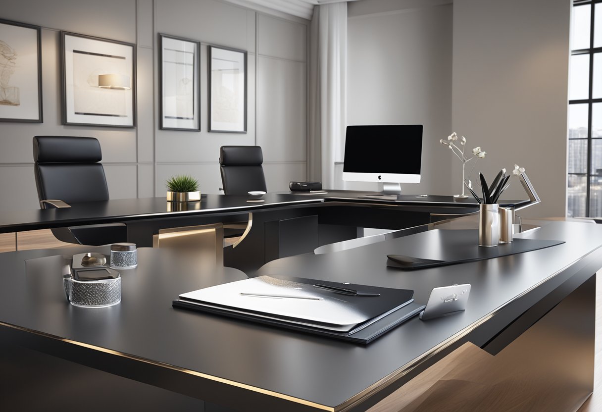 A sleek, modern office setting with a display of luxury corporate gifts on a polished table. The gifts are branded with company logos and exude sophistication and exclusivity
