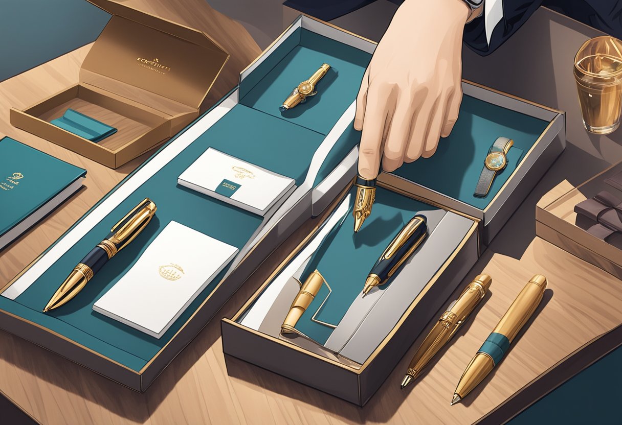 A hand reaching for a sleek, branded pen in a luxurious gift box among other high-end corporate gifts on a polished wooden table