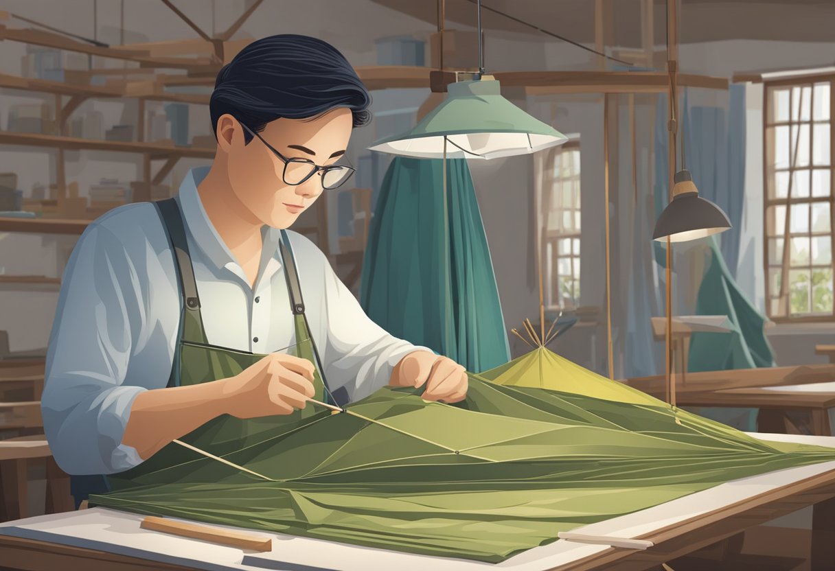 An umbrella maker carefully assembles and stitches together fabric panels, shaping the frame with precision and skill