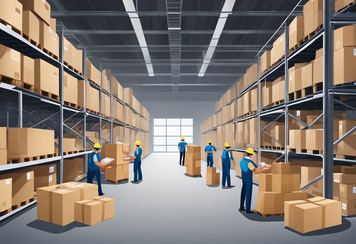 Employees pack and label branded gifts in a warehouse. Pallets of corporate items await distribution