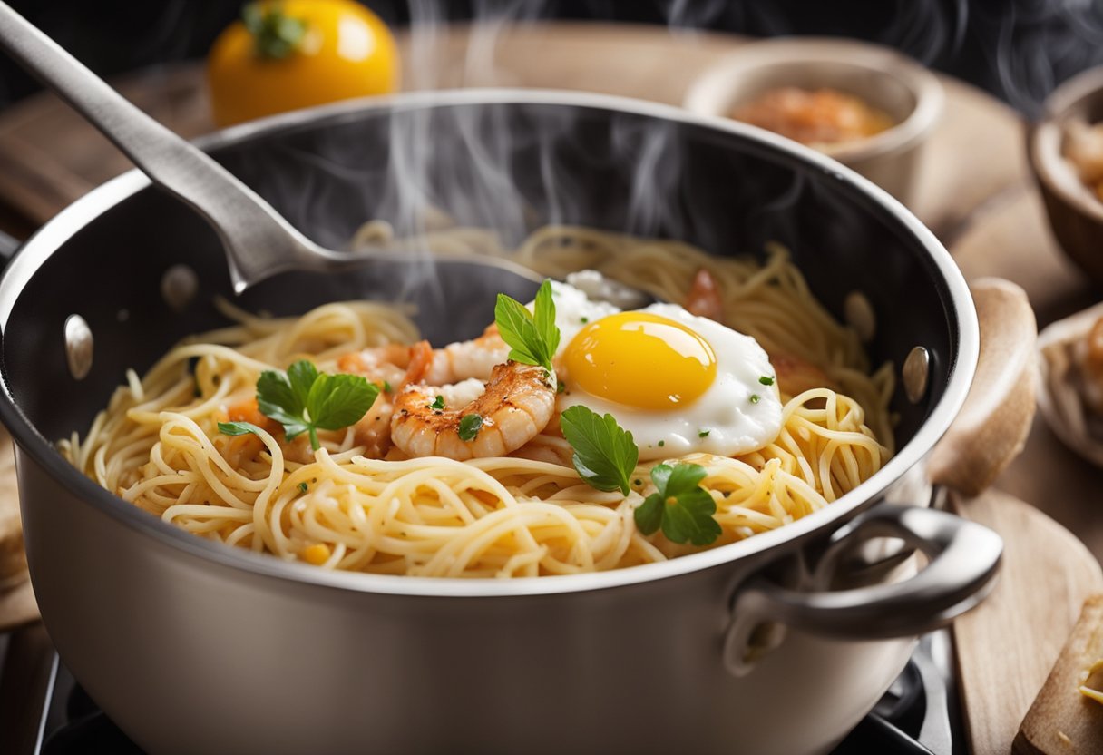 A pot of boiling water cooks spaghetti. In a separate pan, prawns sizzle with garlic and bacon. Cream and eggs mix in a bowl