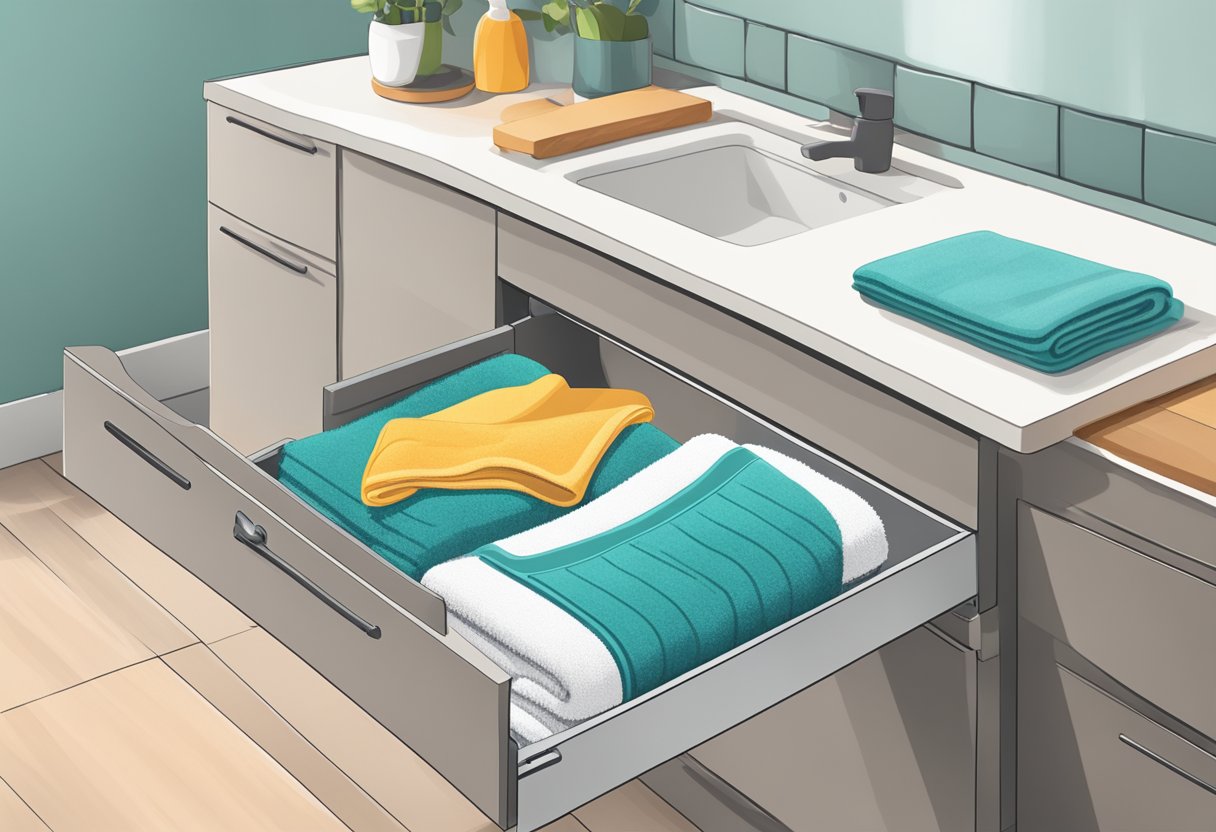 A hand reaches out to buy a customised towel, while another hand carefully folds and stores it in a drawer