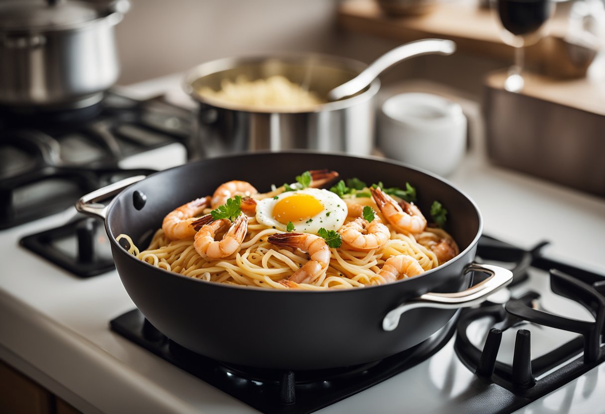 A bowl of fresh prawns, spaghetti, eggs, Parmesan cheese, and bacon laid out on a kitchen counter. A pot of boiling water steams on the stove, ready for the pasta