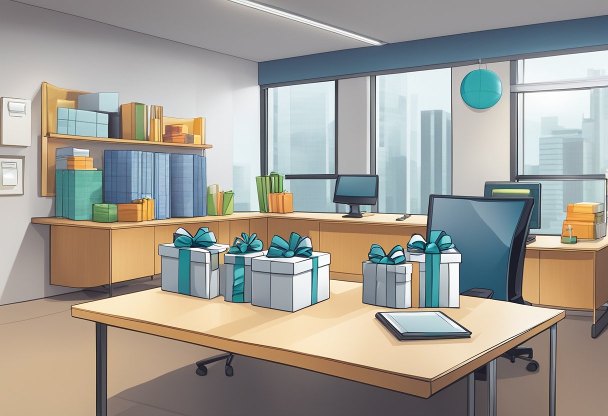 A table displaying various corporate gifts with a sign reading "Frequently Asked Questions corporate company gifts" in a professional office setting