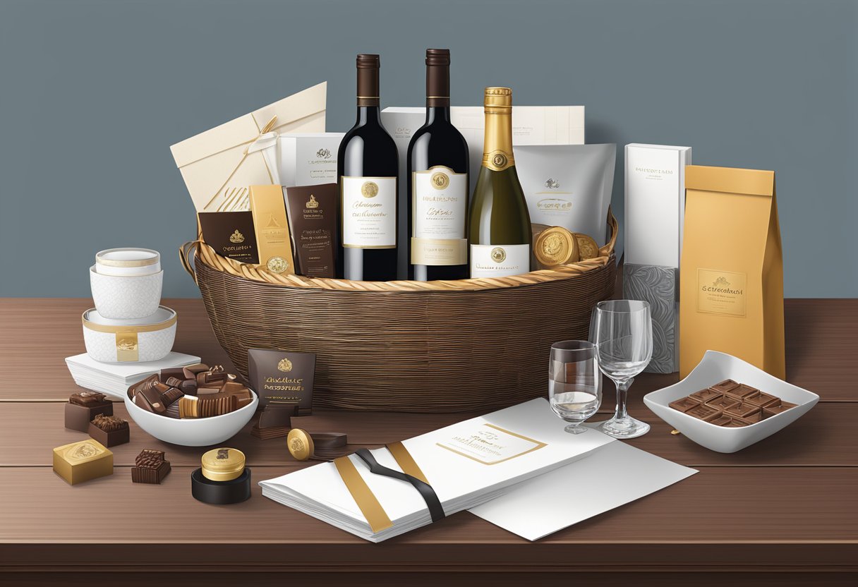 A luxurious gift basket sits on a sleek conference table, filled with premium items like fine wine, gourmet chocolates, and elegant stationery
