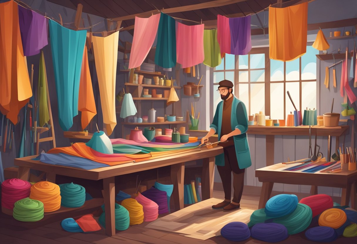 An umbrella maker surrounded by colorful fabric, tools, and finished products in a cozy workshop