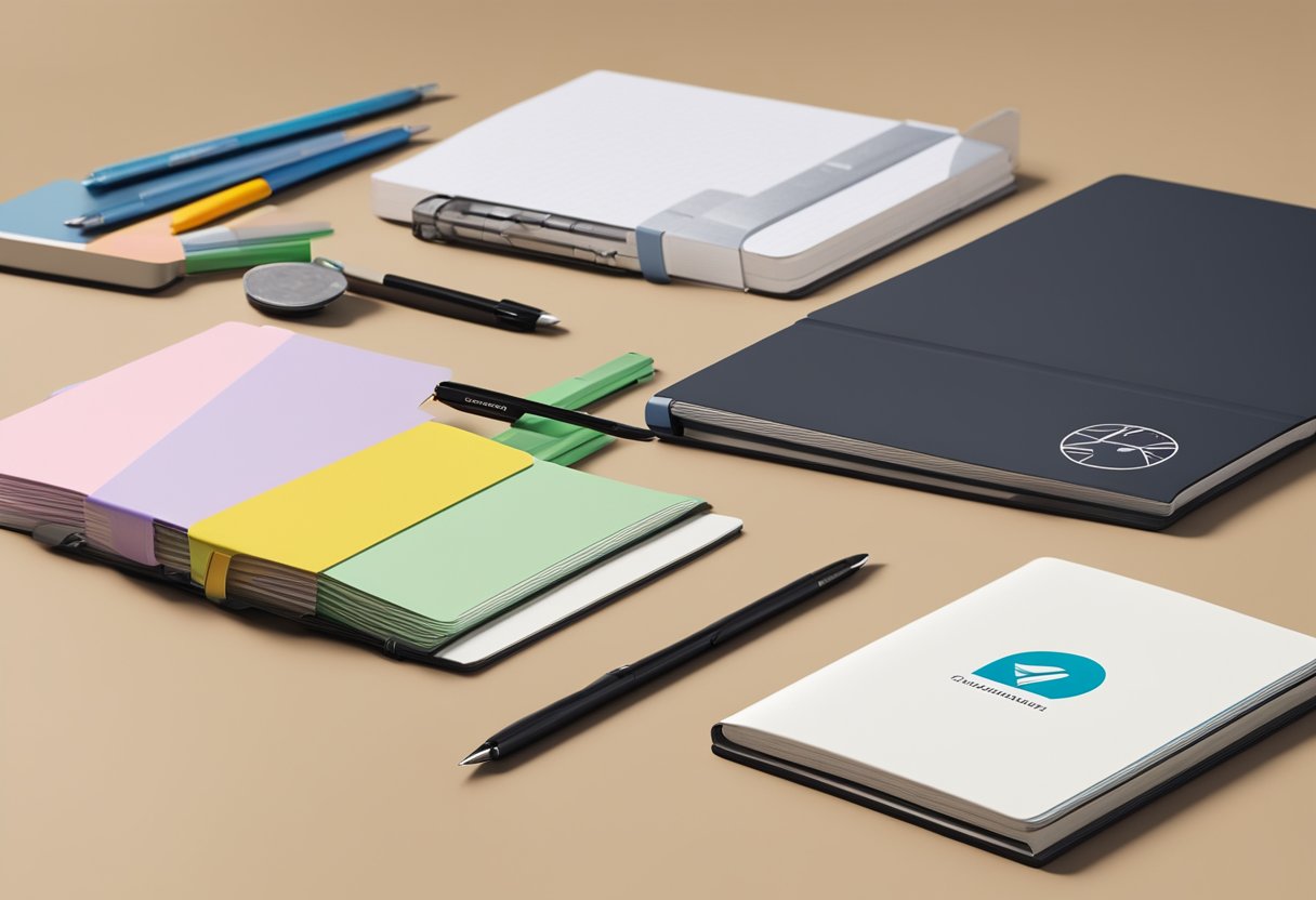 A stack of Moleskine notebooks and pens arranged on a sleek desk with the company logo displayed prominently
