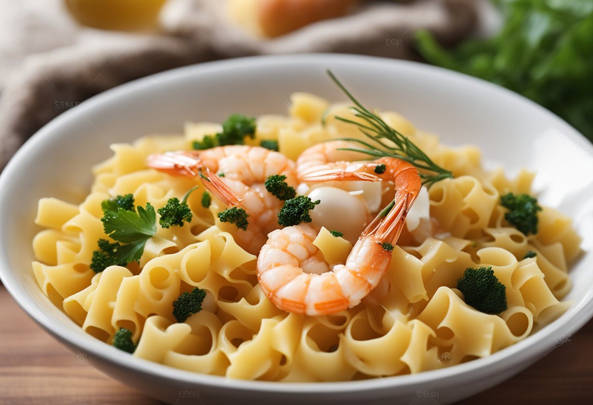 A pot of boiling water, adding pasta, frying prawns, mixing eggs, cheese, and pepper in a bowl, combining with pasta