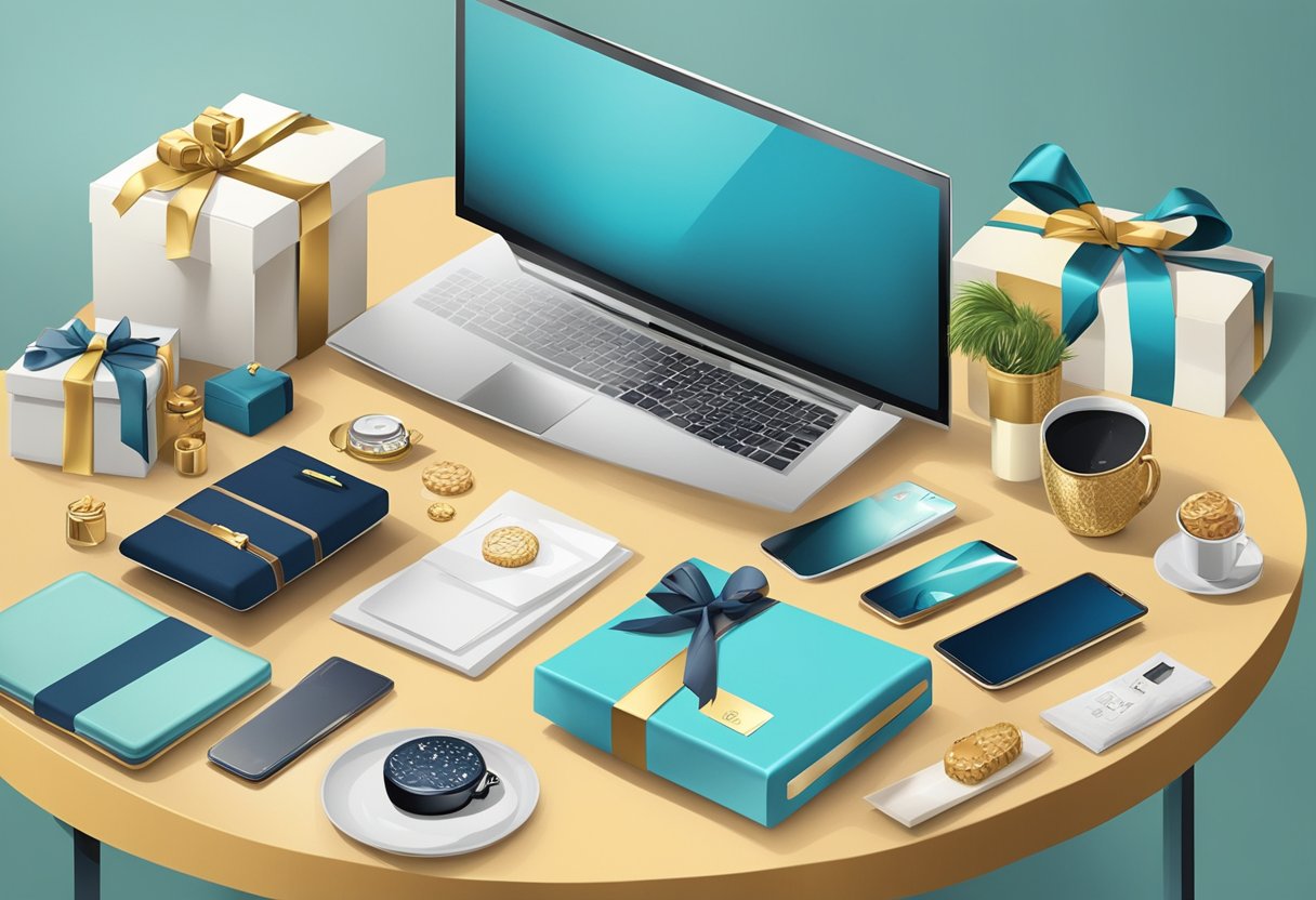 A table filled with luxury gift items, such as branded electronics, high-end accessories, and gourmet treats, with a sign reading "Frequently Asked Questions vip corporate gift ideas" displayed prominently