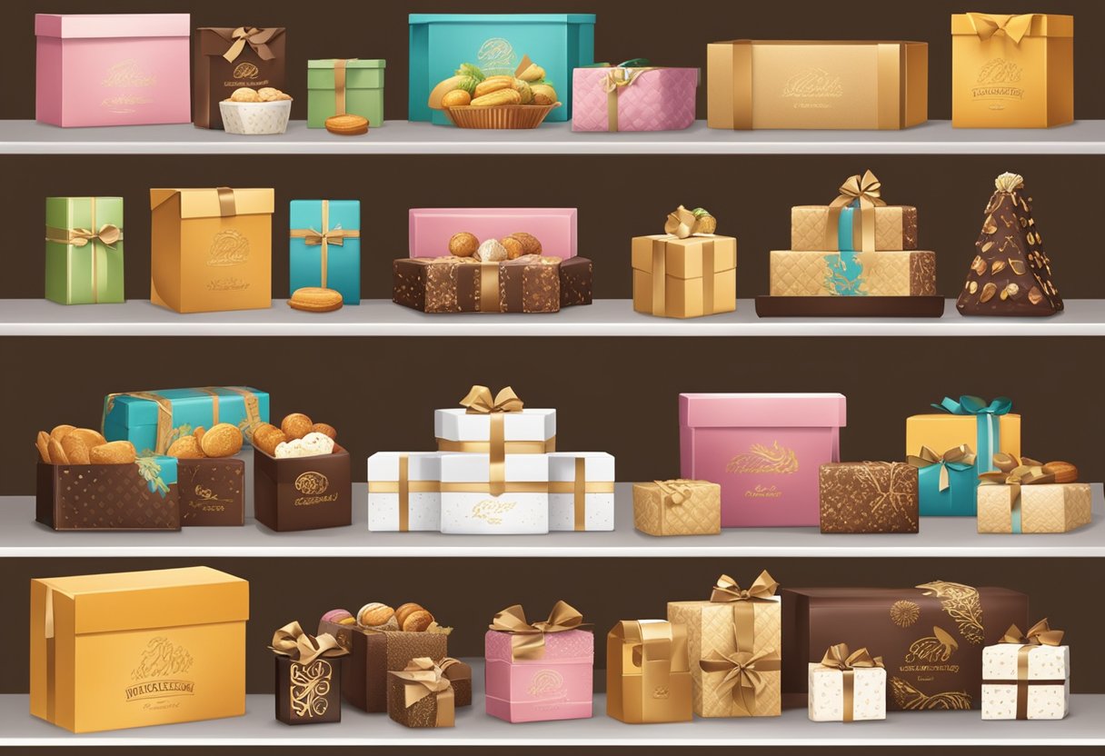 A table displays a variety of elegantly wrapped food gifts with corporate logos, including baskets of gourmet treats and boxes of premium chocolates