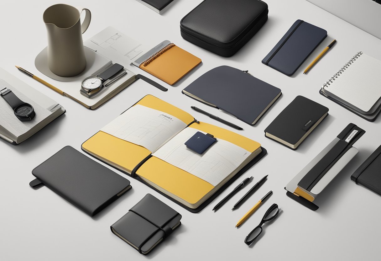 A table with various Moleskine corporate gift offerings displayed, including notebooks, pens, and leather accessories. The products are arranged neatly with Moleskine branding visible