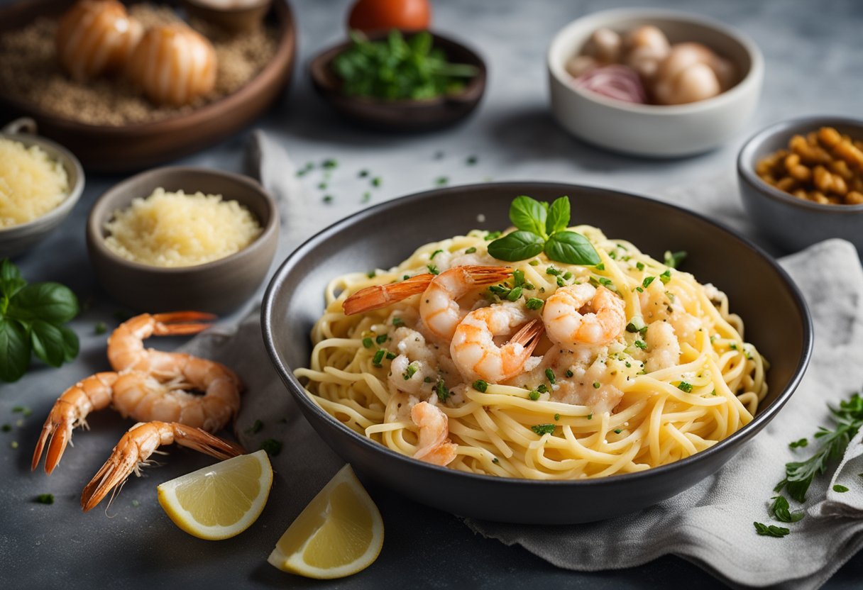 A steaming bowl of prawn carbonara surrounded by ingredients and a recipe card