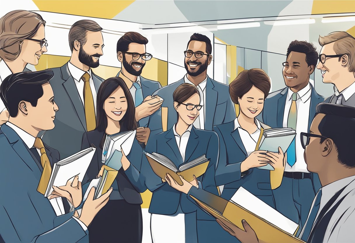 A group of professionals exchanging Moleskine notebooks as corporate gifts, symbolizing integration into the company's culture