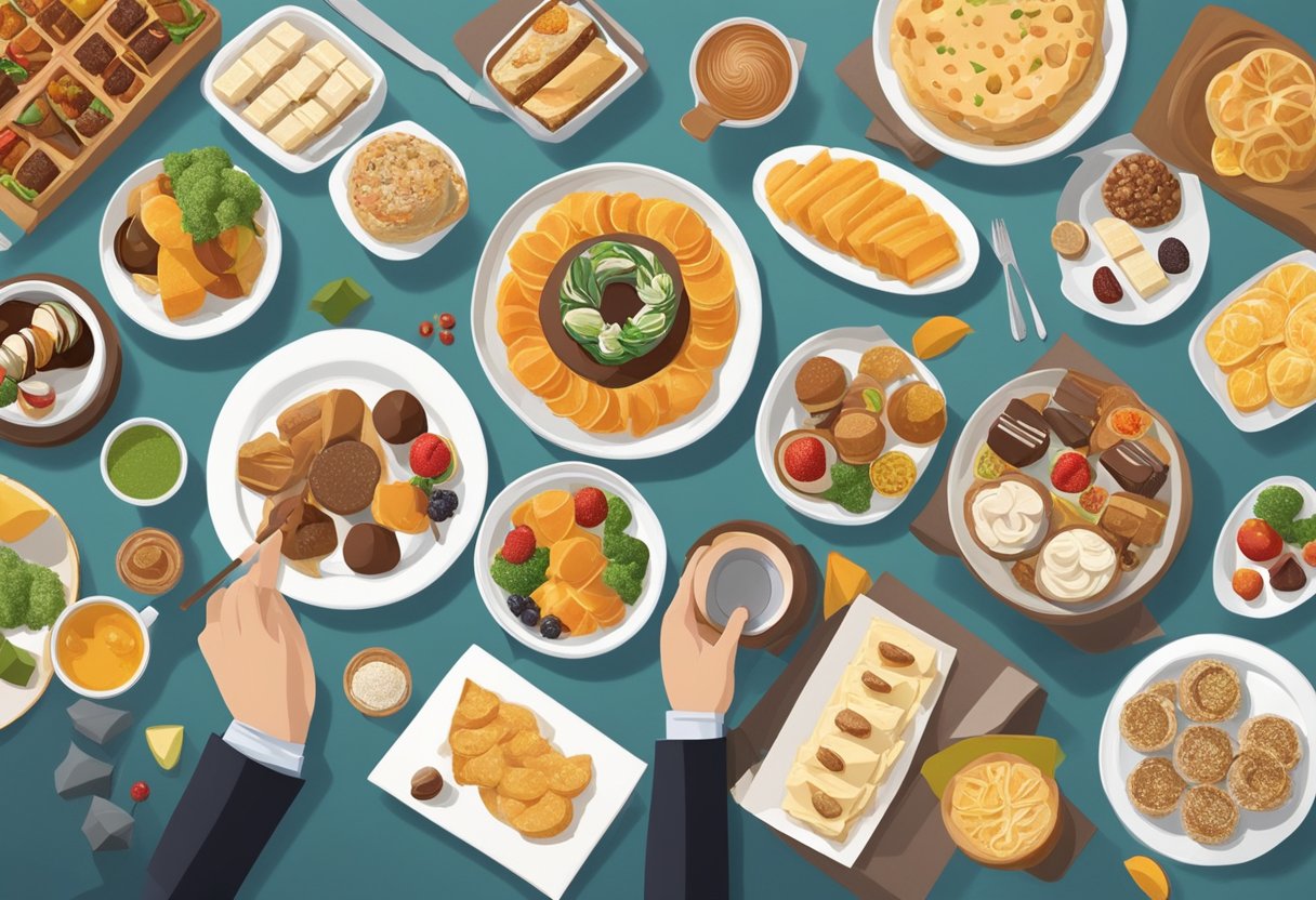 A person selects from an array of corporate food gifts on a table