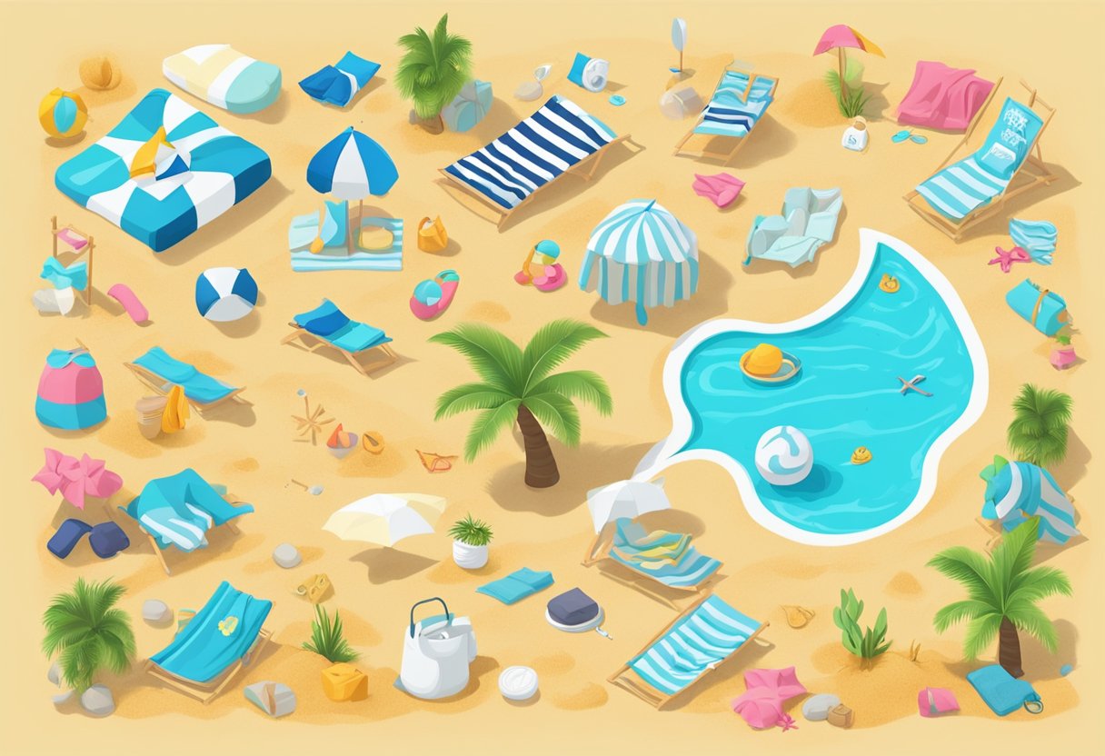 A vibrant towel with "Frequently Asked Questions" text, surrounded by various icons and symbols, on a beach setting