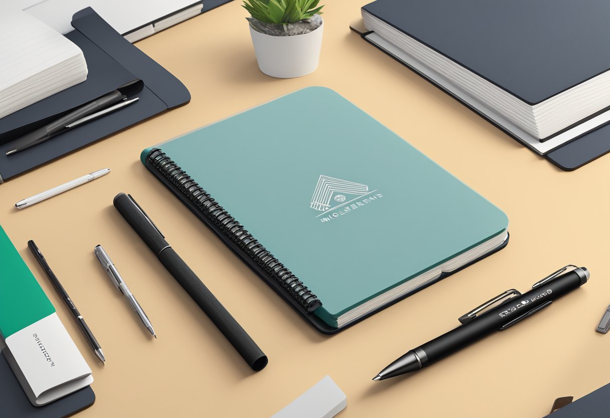 A stack of Moleskine notebooks and pens displayed on a sleek, modern desk with the company logo in the background