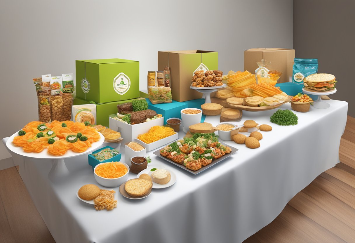 A table adorned with branded food items and custom packaging for corporate gifting
