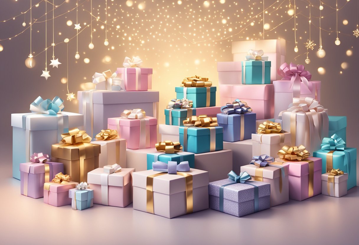 A table displays elegant gift boxes with branded items and luxury treats, surrounded by festive decor and glowing lights