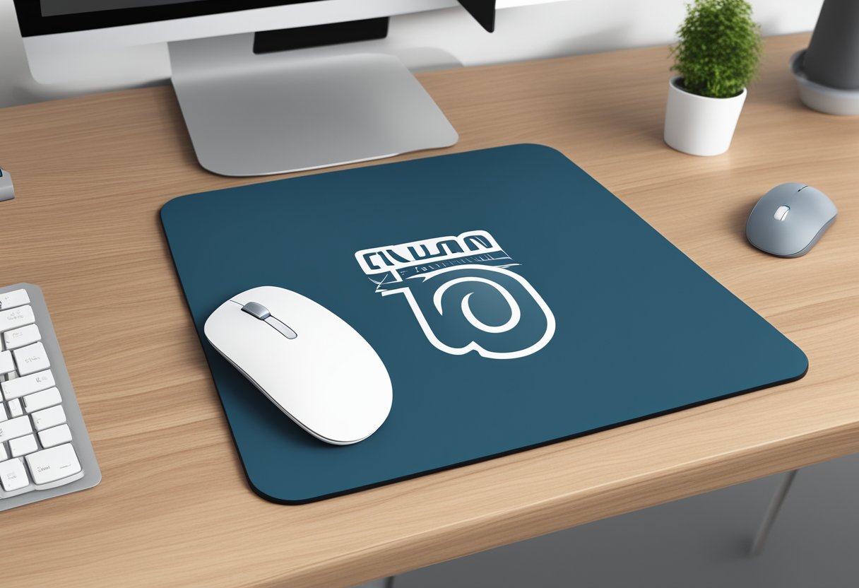A custom mouse pad with a logo printed on it, placed on a clean desk next to a computer mouse and keyboard
