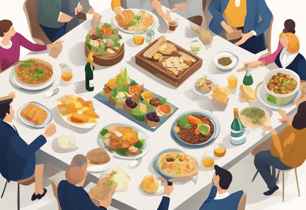 A table with various gourmet food items and elegant packaging, surrounded by a group of people asking questions and exchanging information