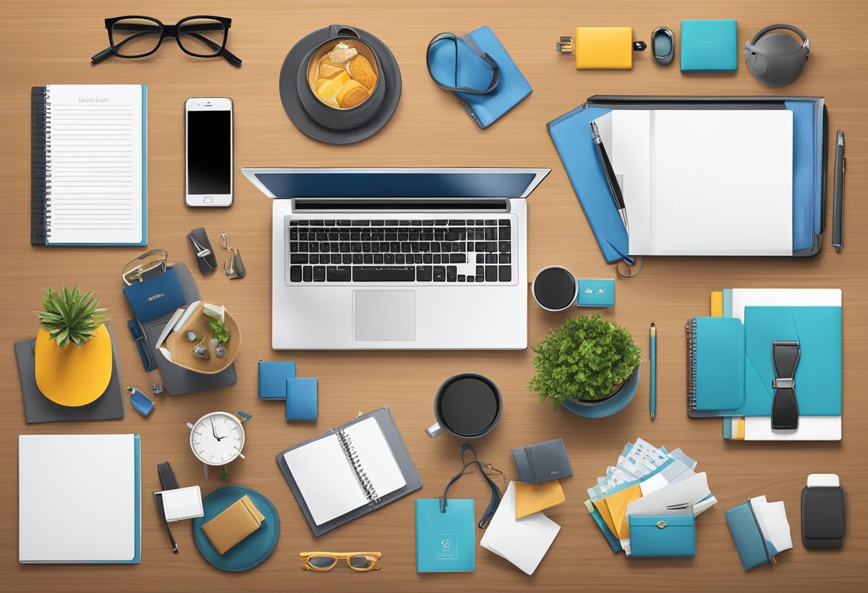Corporate gifts arranged on a sleek conference table, with a variety of high-quality items such as custom-branded tech accessories, gourmet gift baskets, and elegant office decor