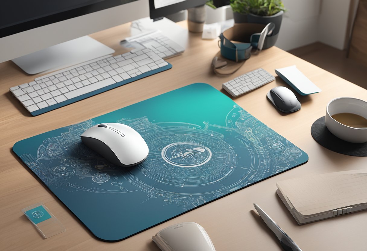 A mouse pad being printed with a logo, surrounded by branding and design process elements