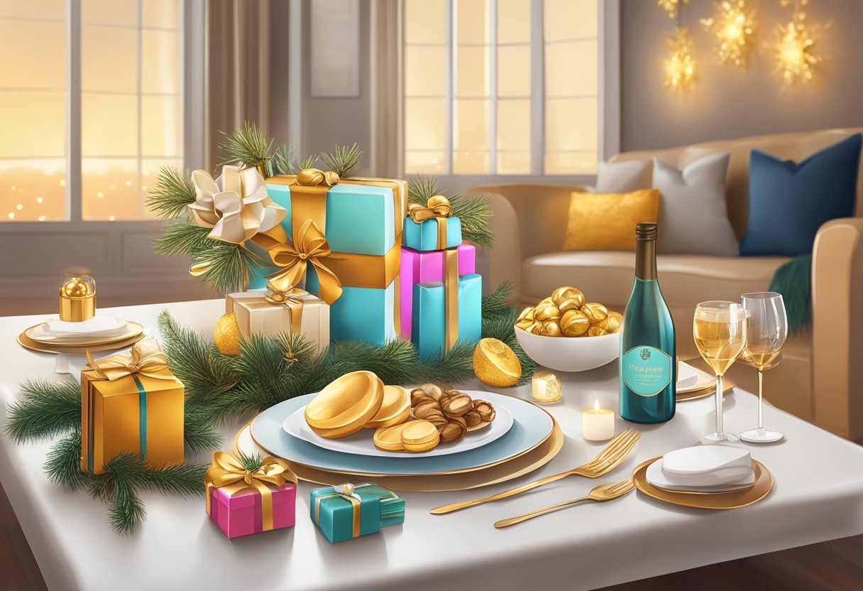 A table adorned with elegant, personalized gifts and luxurious packaging, surrounded by festive decorations and a warm, inviting atmosphere
