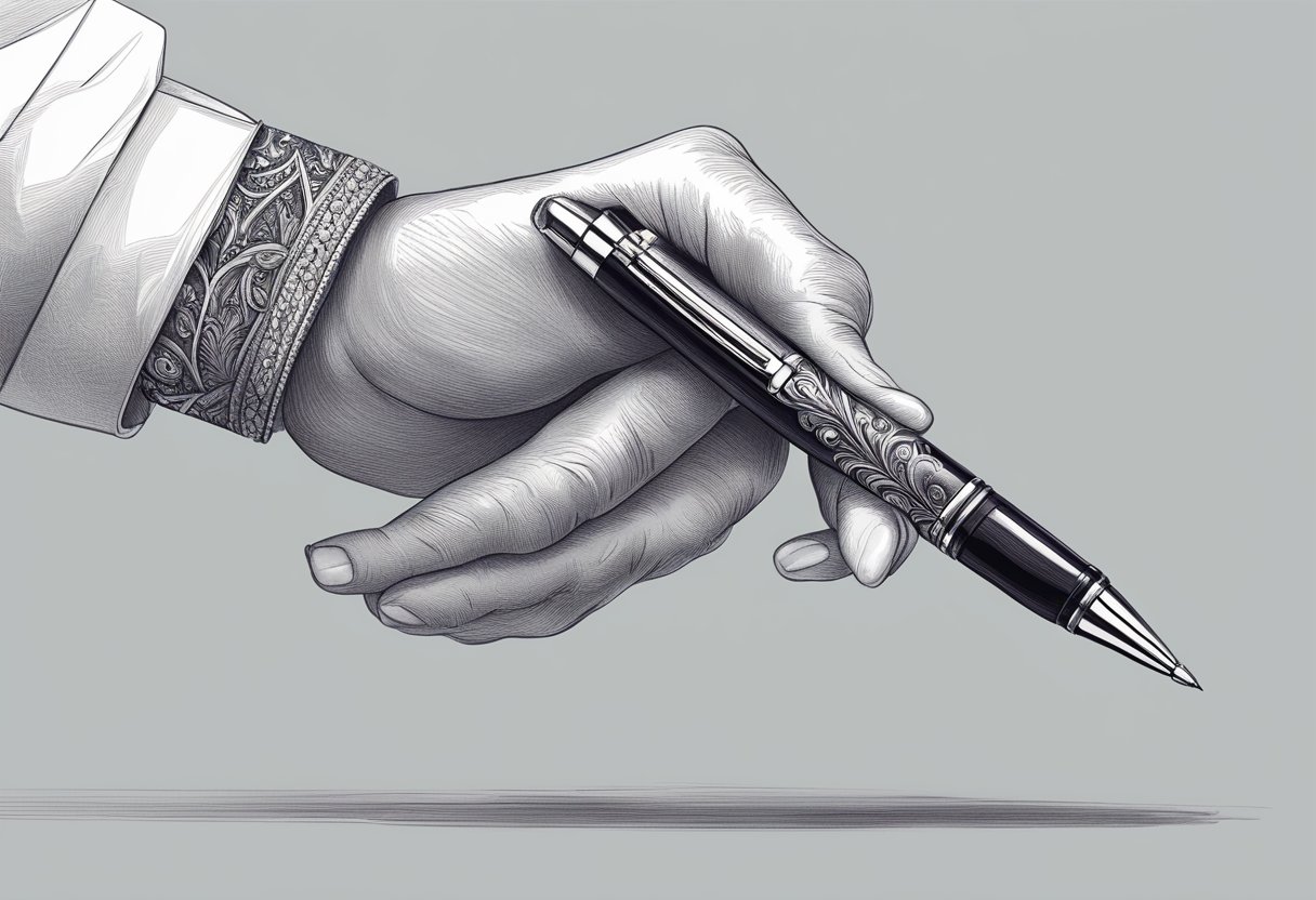 A hand holding a customised pen with a unique design and personalized details