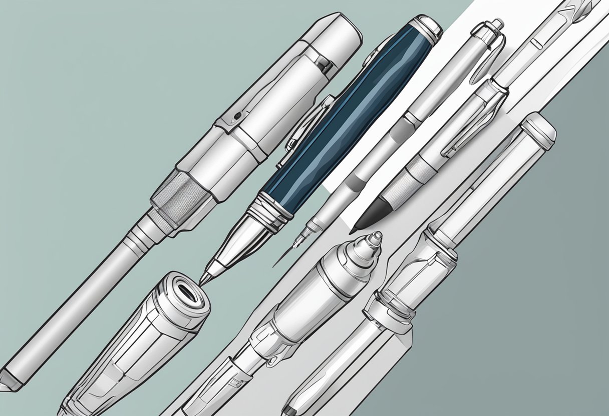 A hand holding a pen with various customizable options displayed around it