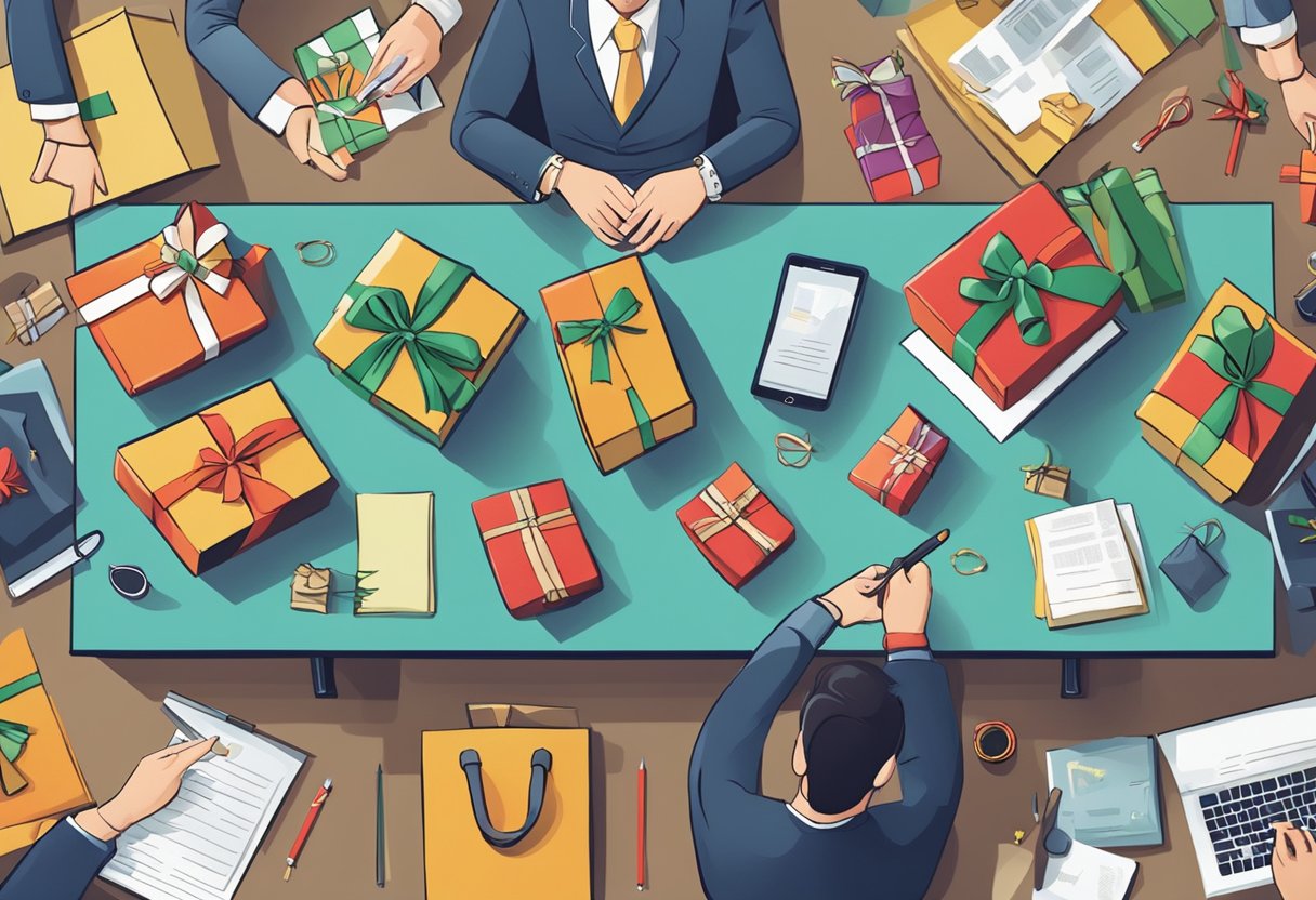A table with various unique holiday gifts displayed, surrounded by corporate clients asking questions