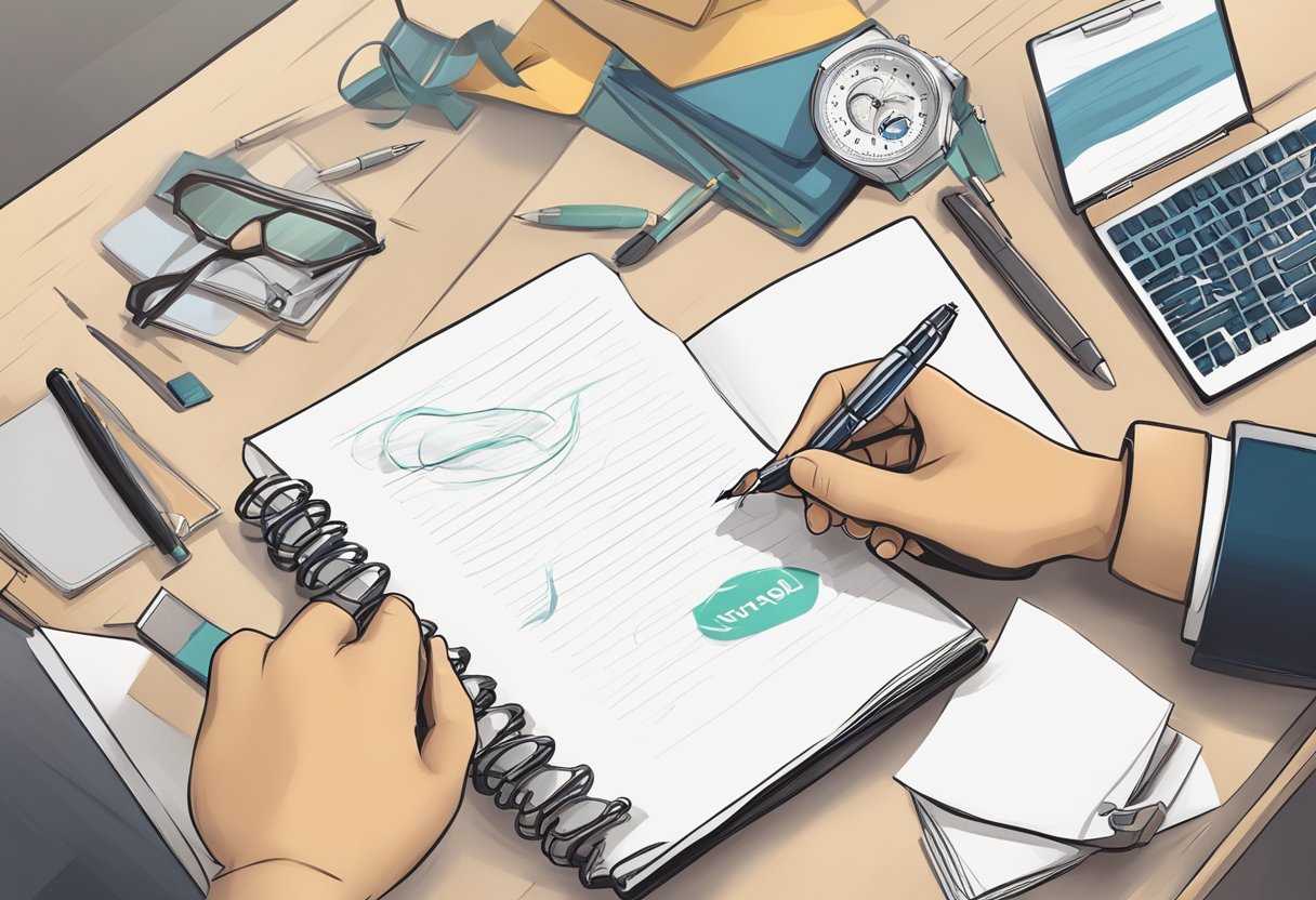 A hand holding a customised pen, writing on a notebook with a logo in the background