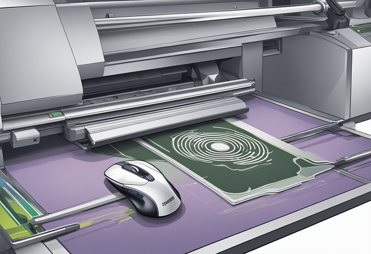 A computer mouse pad being printed with a custom design using a specialized printing machine