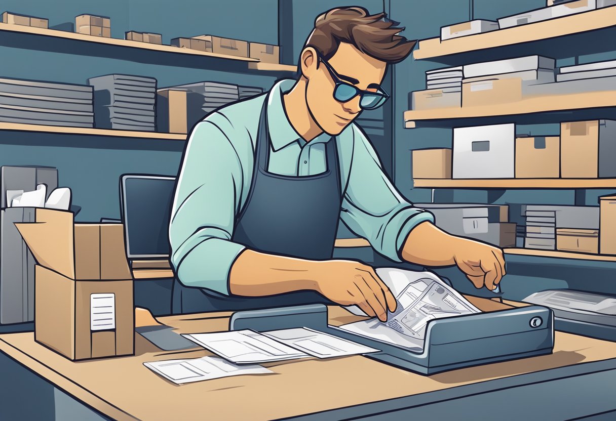 A printer is actively printing a custom design onto a mouse pad, while a delivery person packages and labels the finished products for shipment