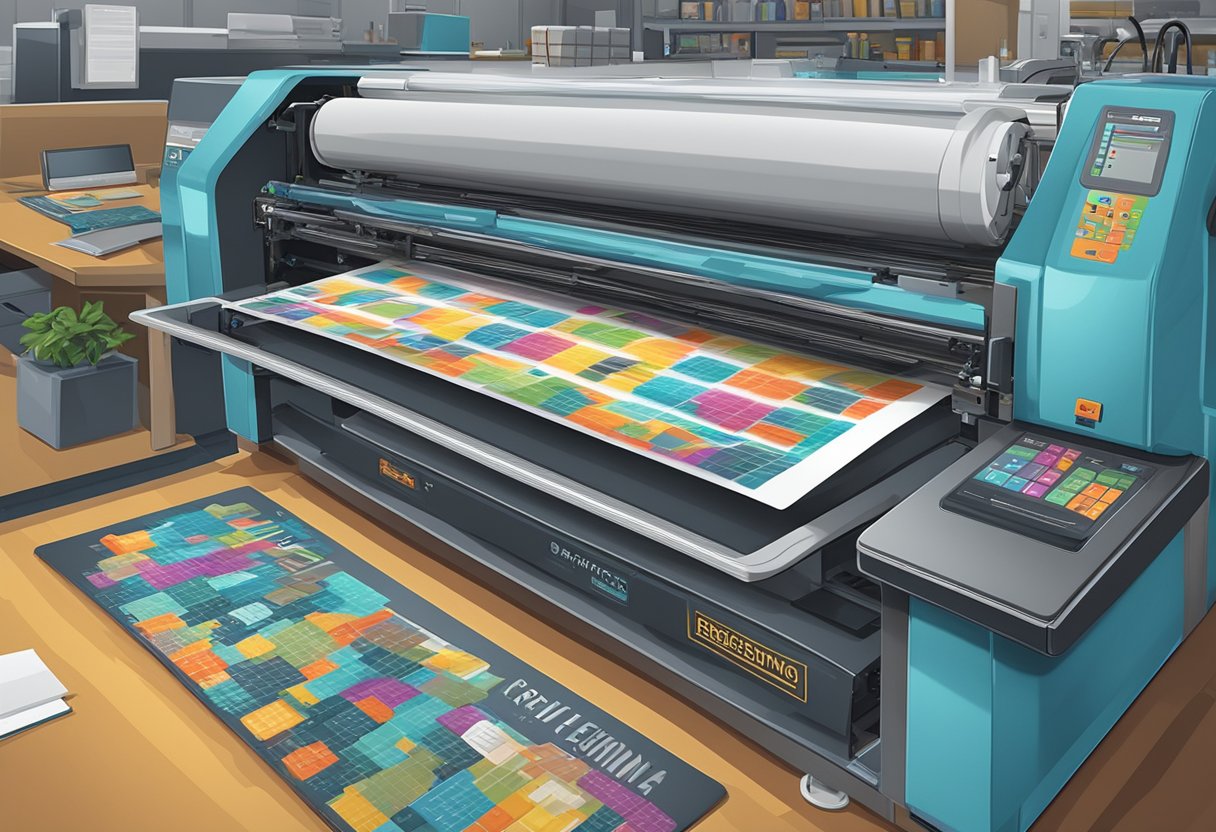 A mouse pad with "Frequently Asked Questions" text being printed by a machine in a vibrant print shop