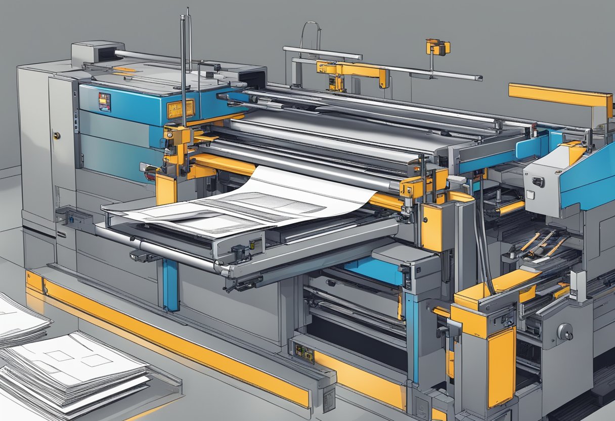A voucher printing machine in action, with paper feeding through, ink being applied, and finished vouchers stacking up