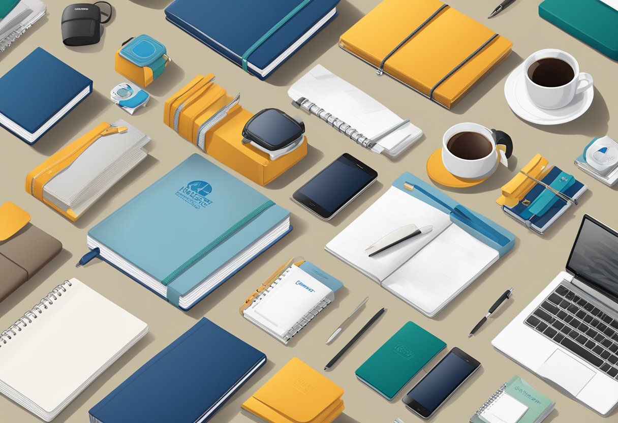 A table with a variety of unique corporate gift items, such as custom branded notebooks, high-quality drinkware, and tech gadgets