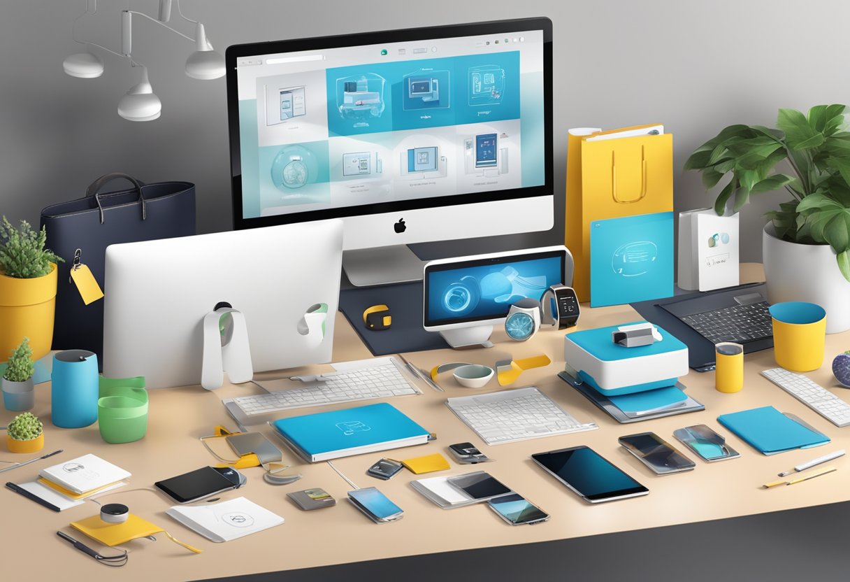 A table with a variety of innovative corporate gifts displayed, including personalized tech gadgets, eco-friendly office supplies, and luxury gift baskets