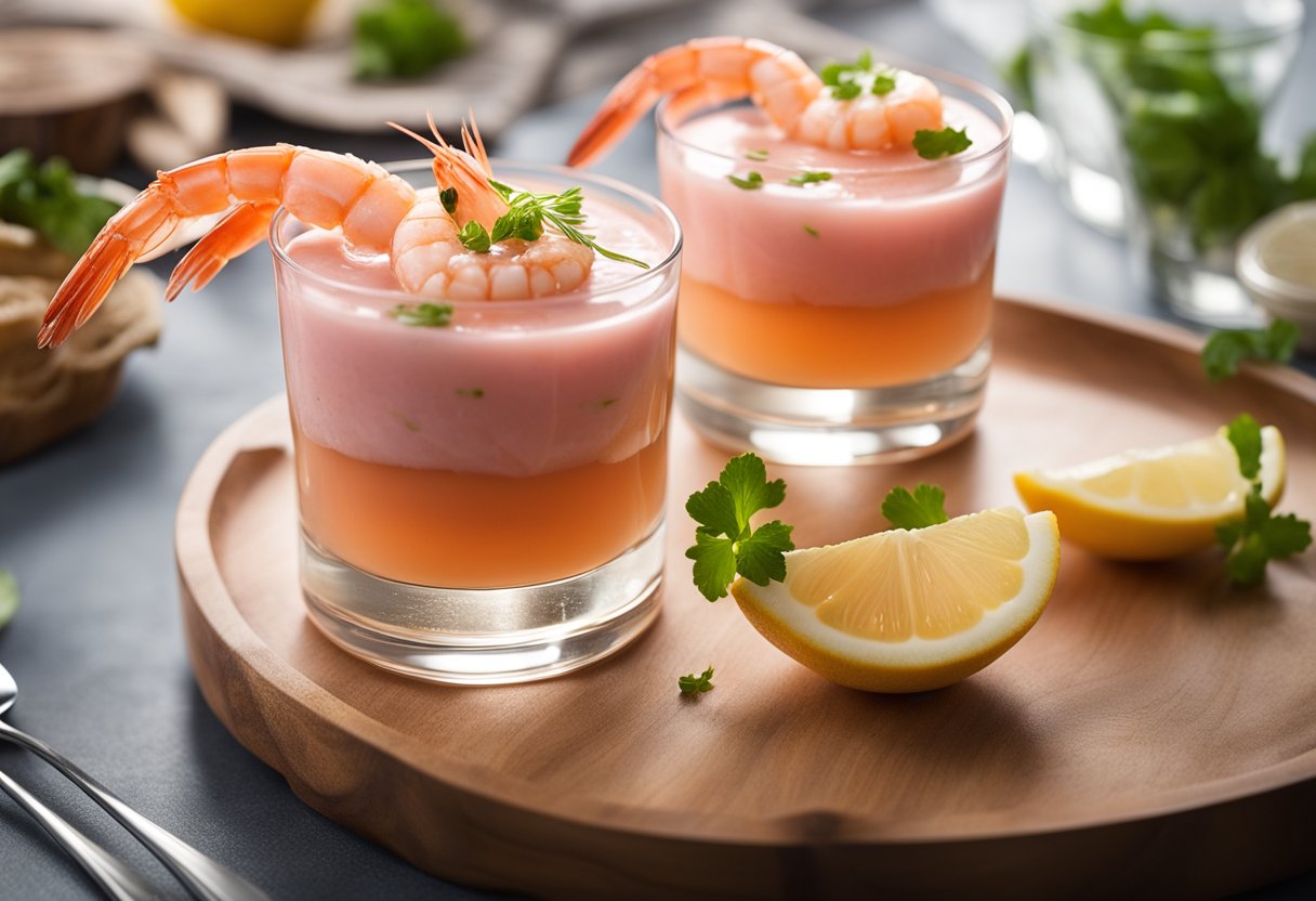 A glass filled with layers of pink prawn cocktail sauce, topped with fresh prawns and garnished with a slice of lemon