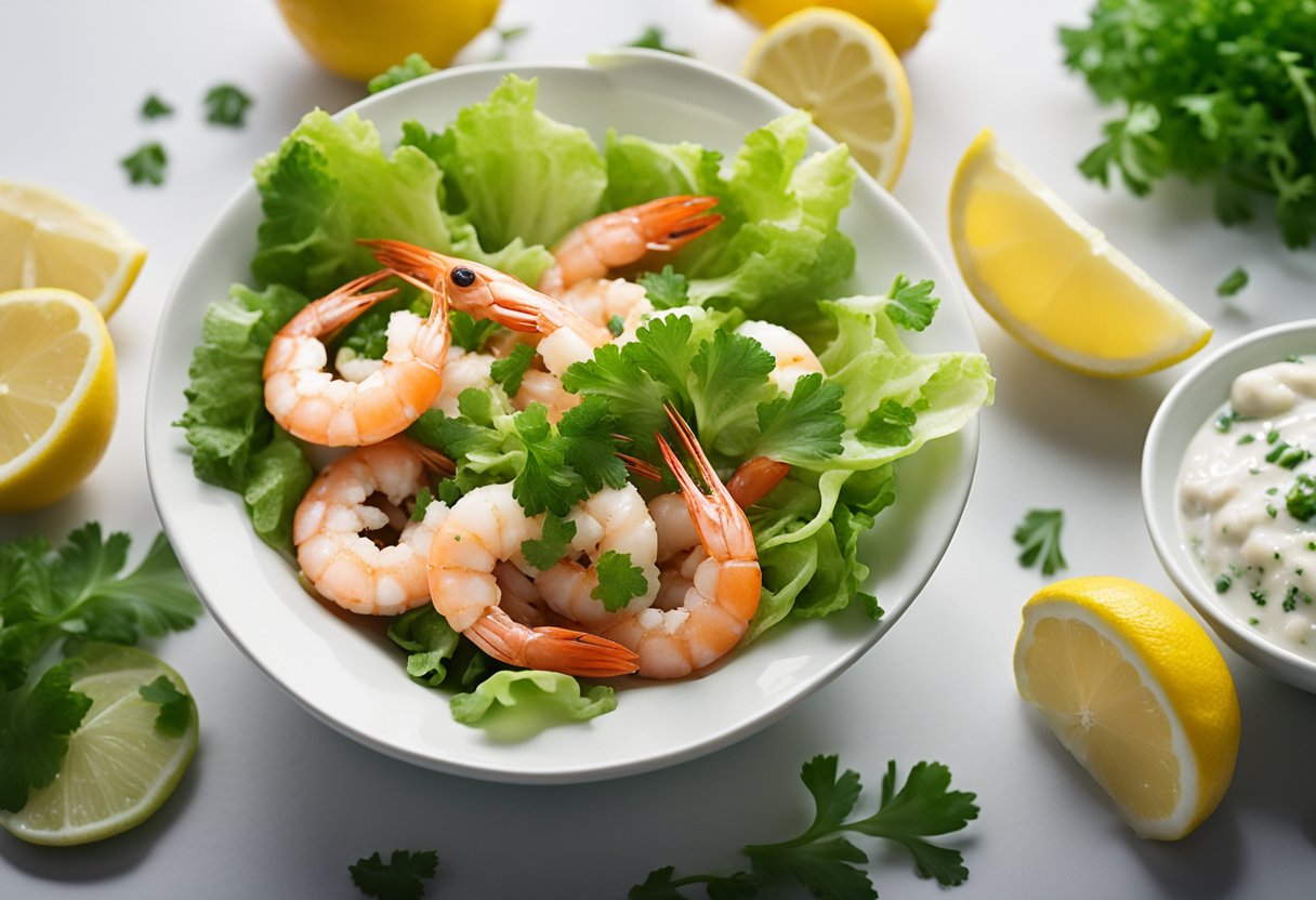 A bowl filled with fresh prawns, crisp lettuce, and tangy cocktail sauce sits on a white table next to a lemon and a sprinkle of parsley