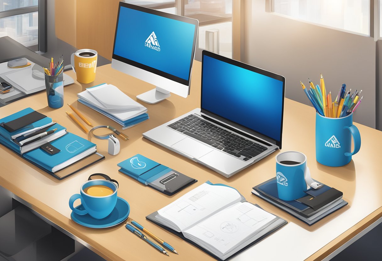 A table with various branded corporate gifts, including custom mugs, engraved pens, and personalized notebooks, displayed in a modern office setting