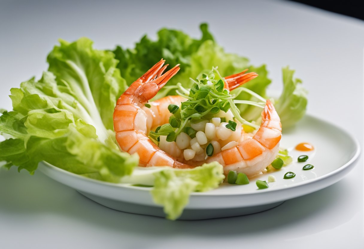 A prawn cocktail sits on a white plate, garnished with crisp lettuce and tangy sauce. A small card displays nutritional information