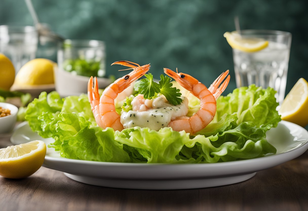 A prawn cocktail surrounded by a bed of lettuce, topped with a creamy pink sauce and garnished with a lemon wedge