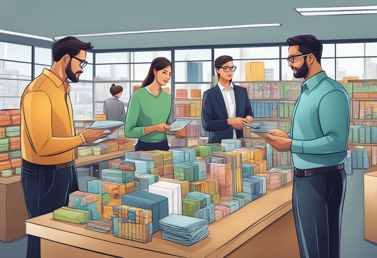 Corporate gift buyers browsing through a variety of products, comparing prices and features, while discussing potential options with sales representatives