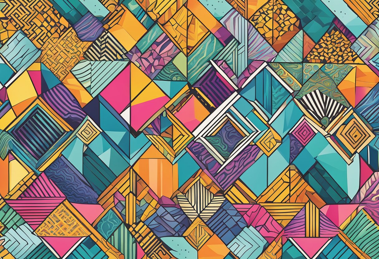 A colorful array of geometric shapes and patterns intertwine, creating a vibrant and eye-catching design for a notebook cover