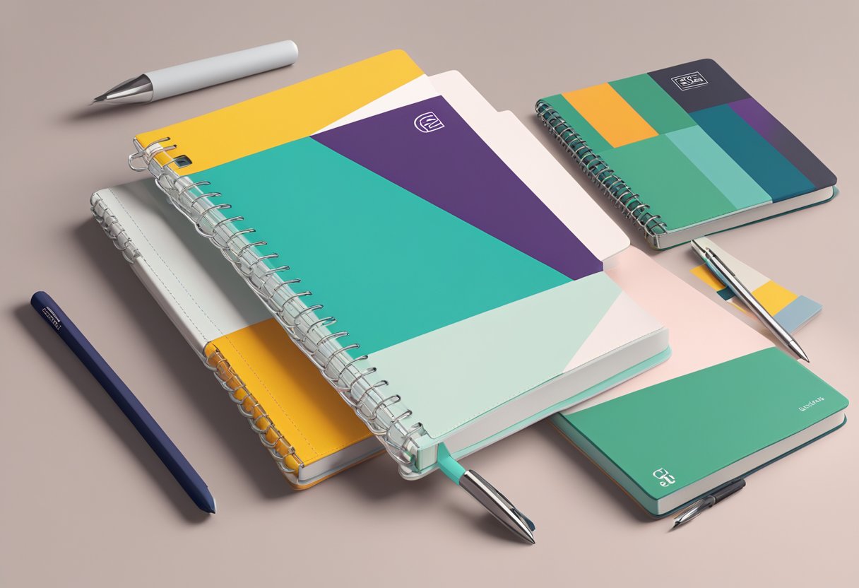 A sleek, modern notebook cover featuring the brand name "Design Essentials" in bold, elegant typography, surrounded by minimalist geometric patterns and vibrant colors