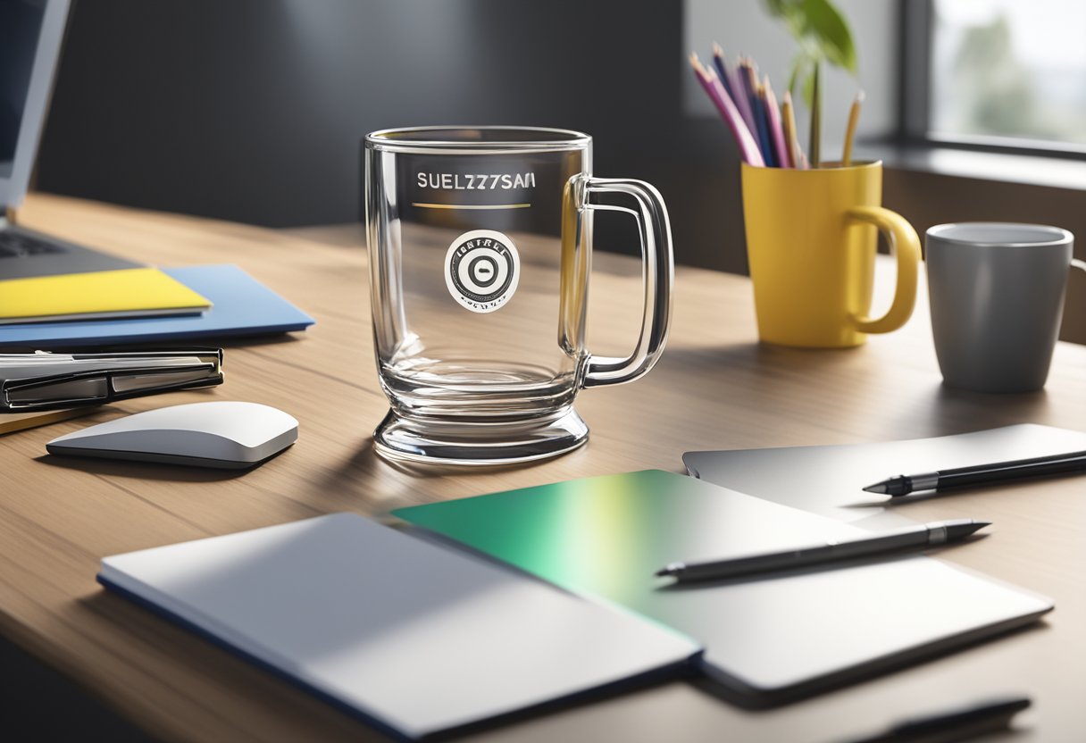 A customised glass mug with a corporate logo sits on a sleek desk next to a stack of papers and a modern laptop