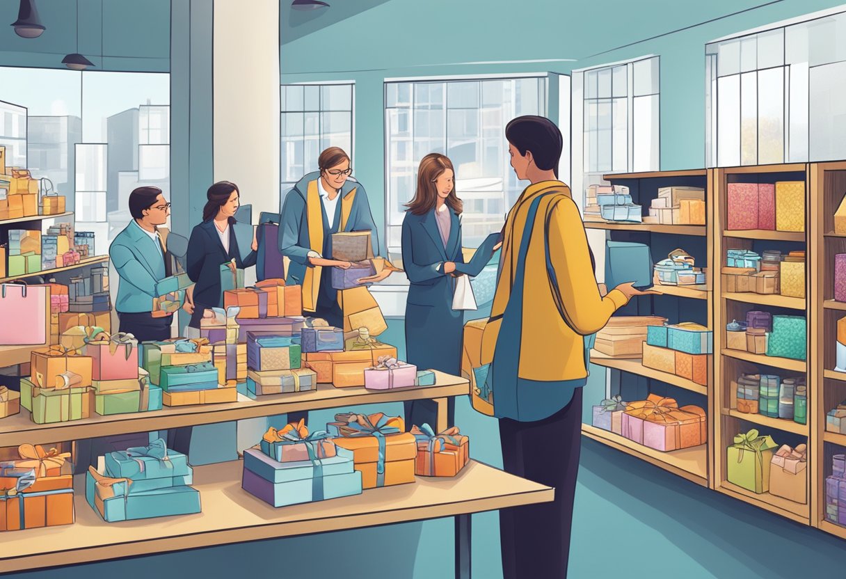 Corporate gift buyers selecting items from a variety of product options and discussing potential purchases with vendors