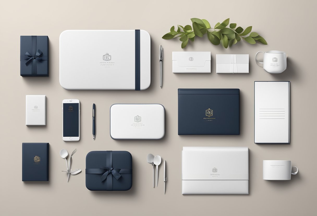 A table adorned with sleek tech gadgets, luxury stationery, and gourmet treats. A logo-embossed gift box sits in the center